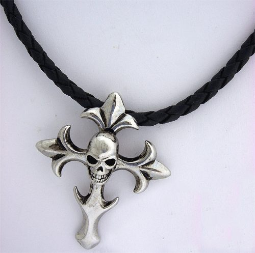 Cross with Skull Pendant with Rubber Necklace