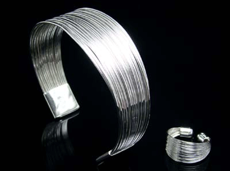 Sterling Silver Multiple String Bracelet and Ring Set